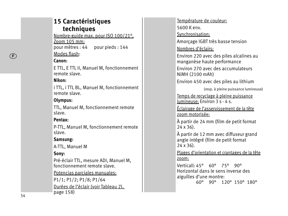 15 caractéristiques techniques | Metz MECABLITZ 44 AF-1 digital User Manual | Page 54 / 166