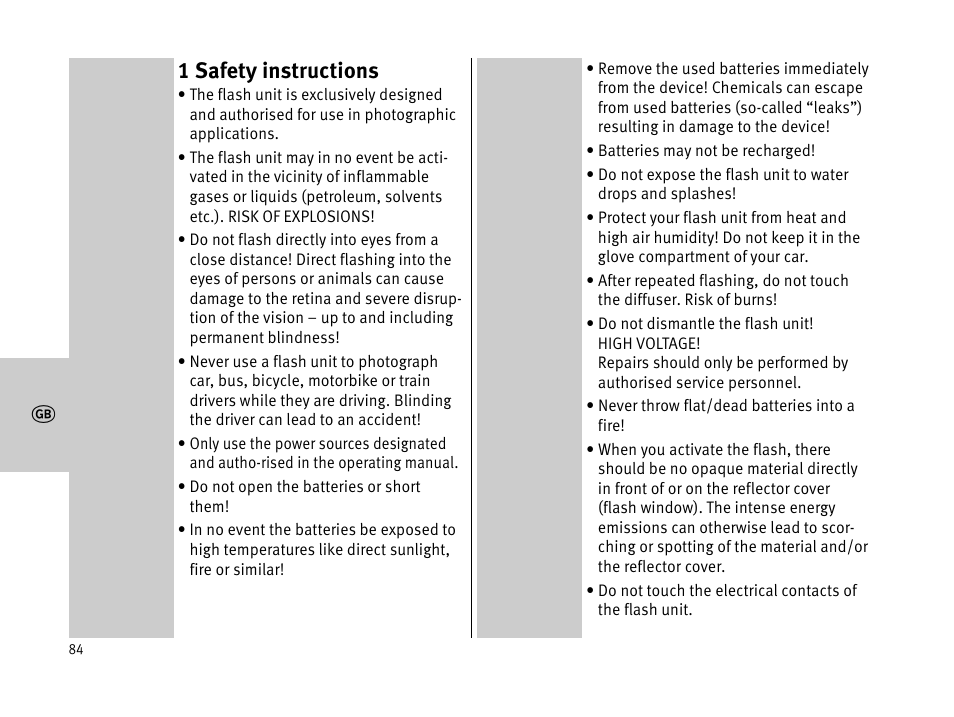 1 safety instructions | Metz MECABLITZ 44 AF-1 digital User Manual | Page 84 / 166