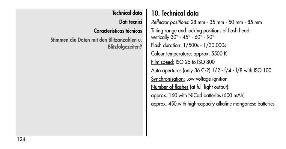 Technical data | Metz MECABLITZ 36 C-2 User Manual | Page 124 / 132