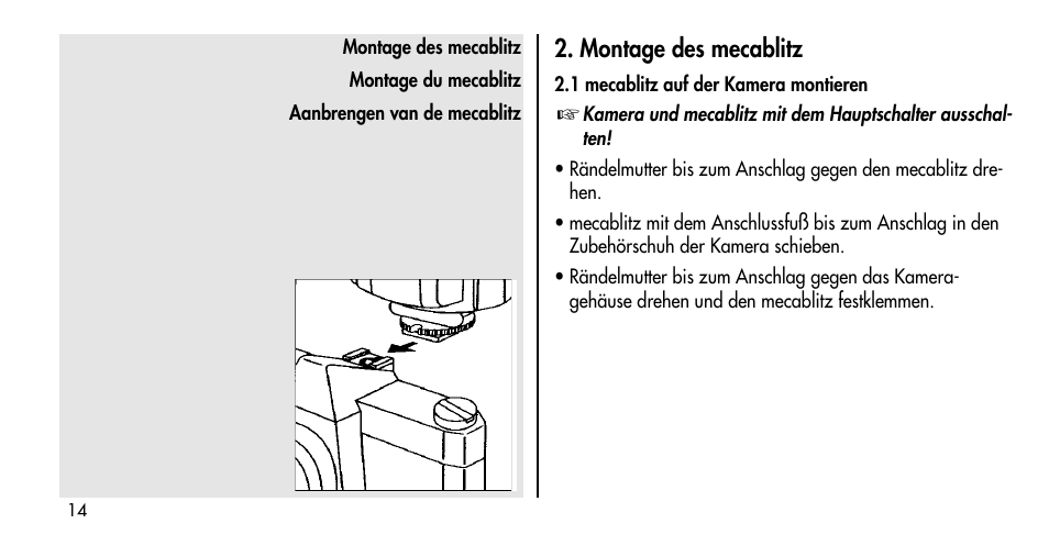 Montage des mecablitz | Metz MECABLITZ 36 C-2 User Manual | Page 14 / 132