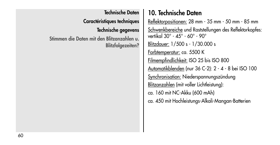 Technische daten | Metz MECABLITZ 36 C-2 User Manual | Page 60 / 132