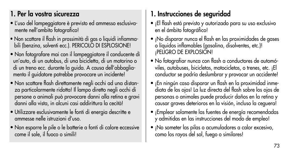 Per la vostra sicurezza, Instrucciones de seguridad | Metz MECABLITZ 36 C-2 User Manual | Page 73 / 132