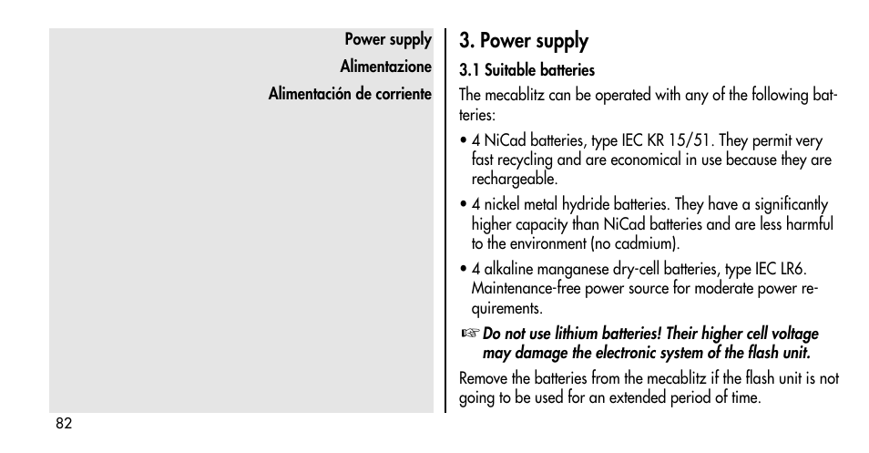 Power supply | Metz MECABLITZ 36 C-2 User Manual | Page 82 / 132