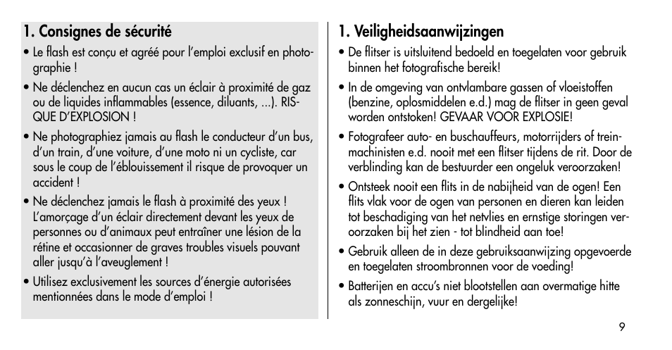 Consignes de sécurité, Veiligheidsaanwijzingen | Metz MECABLITZ 36 C-2 User Manual | Page 9 / 132