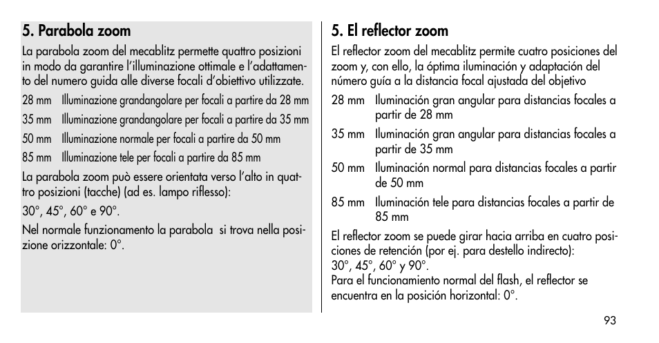 Parabola zoom, El reflector zoom | Metz MECABLITZ 36 C-2 User Manual | Page 93 / 132