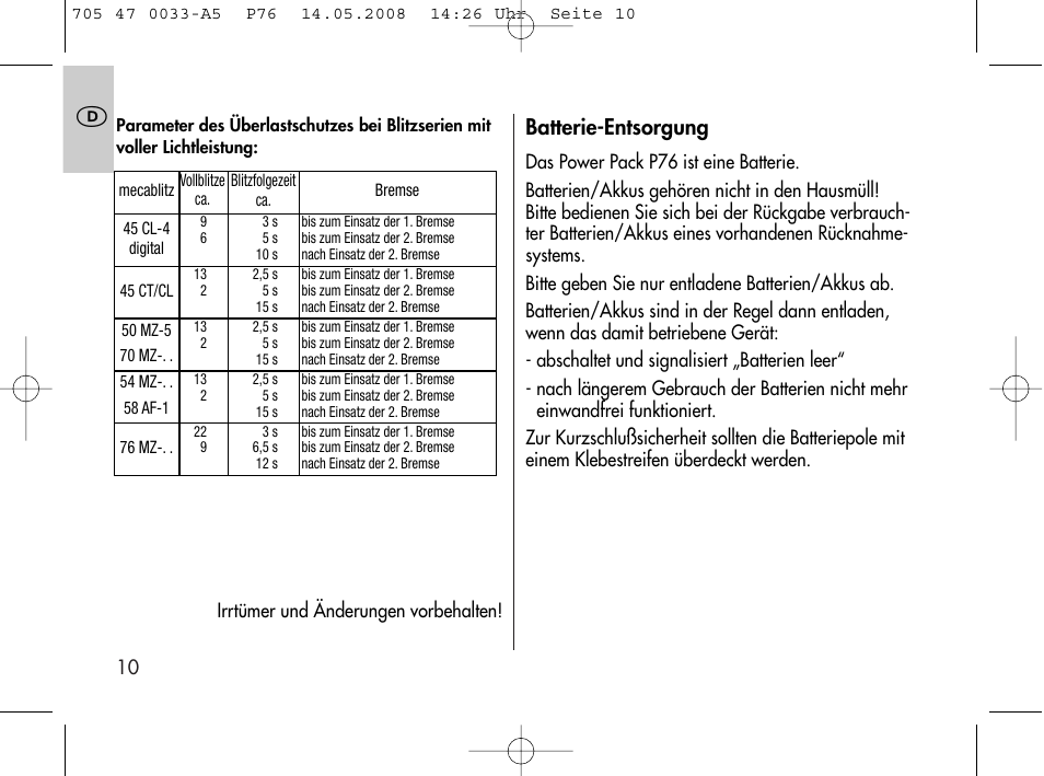 Batterie-entsorgung | Metz Power Pack P76 User Manual | Page 10 / 70