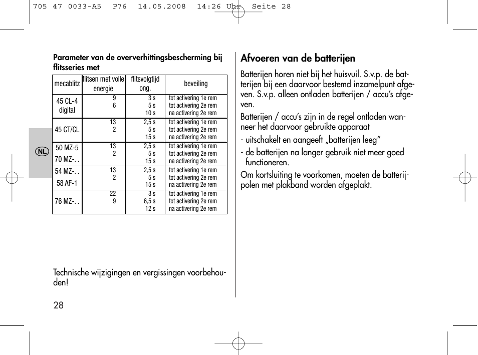 Afvoeren van de batterijen | Metz Power Pack P76 User Manual | Page 28 / 70