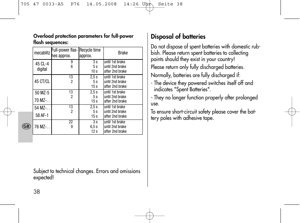 Disposal of batteries | Metz Power Pack P76 User Manual | Page 38 / 70