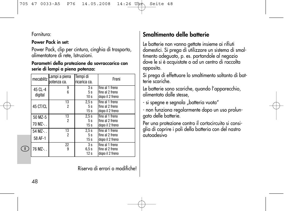 Smaltimento delle batterie | Metz Power Pack P76 User Manual | Page 48 / 70