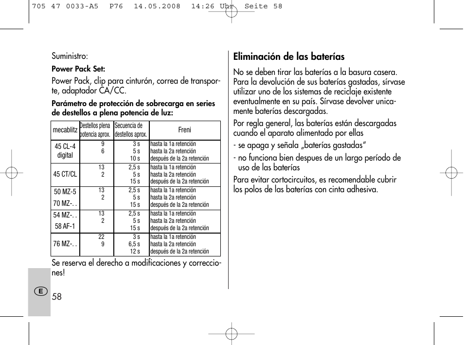 Eliminación de las baterías | Metz Power Pack P76 User Manual | Page 58 / 70