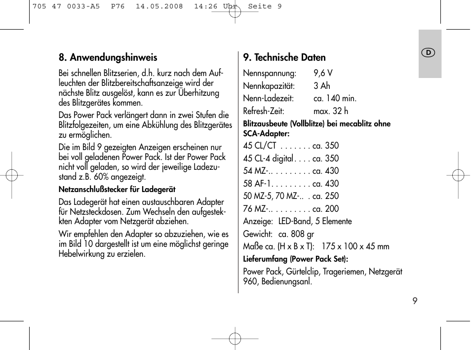 Metz Power Pack P76 User Manual | Page 9 / 70