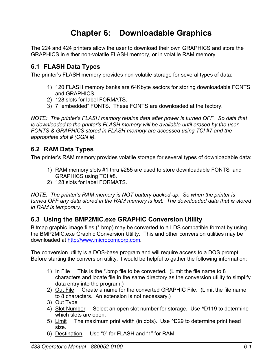 1 flash data types, 2 ram data types, 3 using the bmp2mic.exe graphic conversion utility | Chapter 6: downloadable graphics | Microcom 438 User Manual | Page 102 / 214