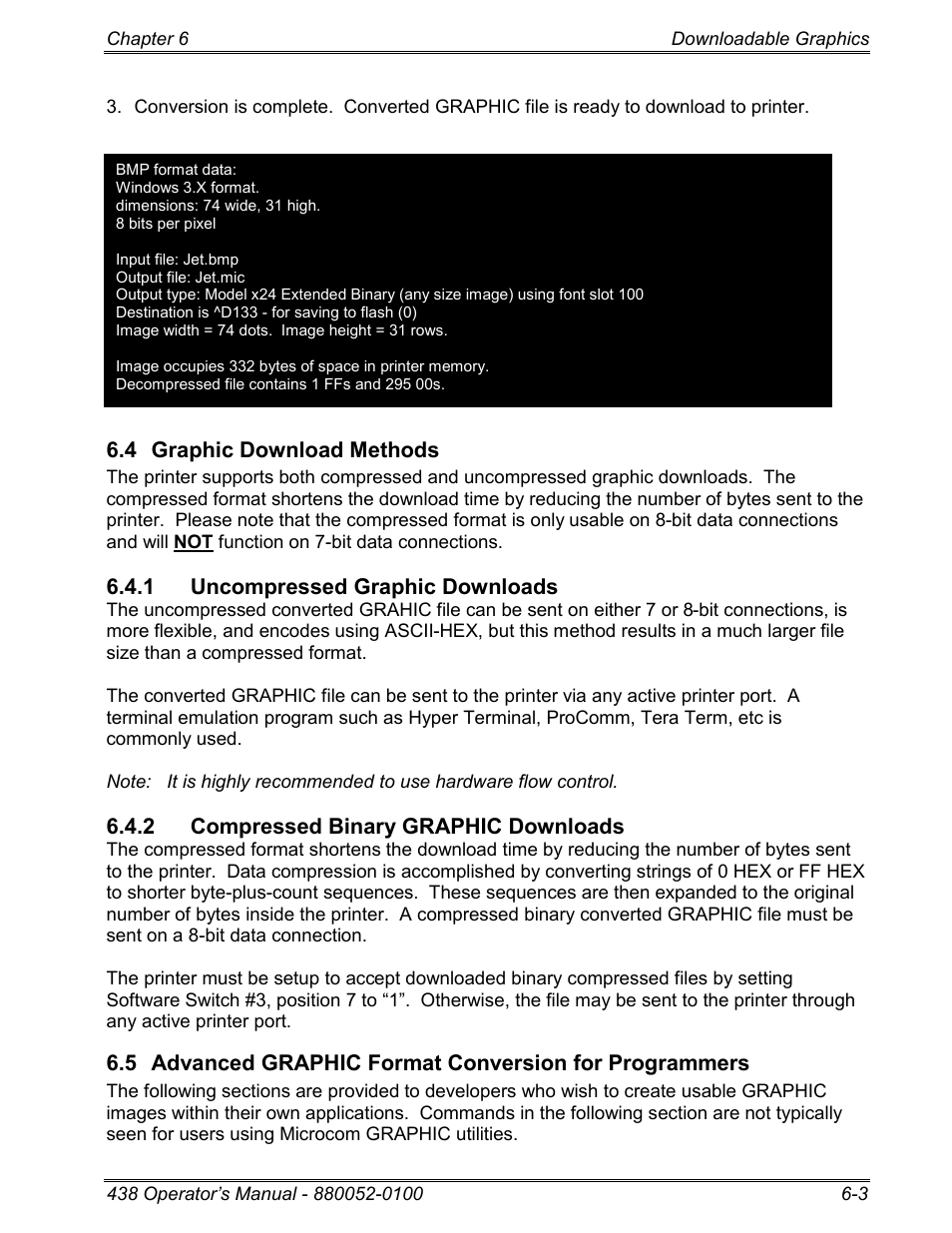 4 graphic download methods, 1 uncompressed graphic downloads, 2 compressed binary graphic downloads | Microcom 438 User Manual | Page 104 / 214