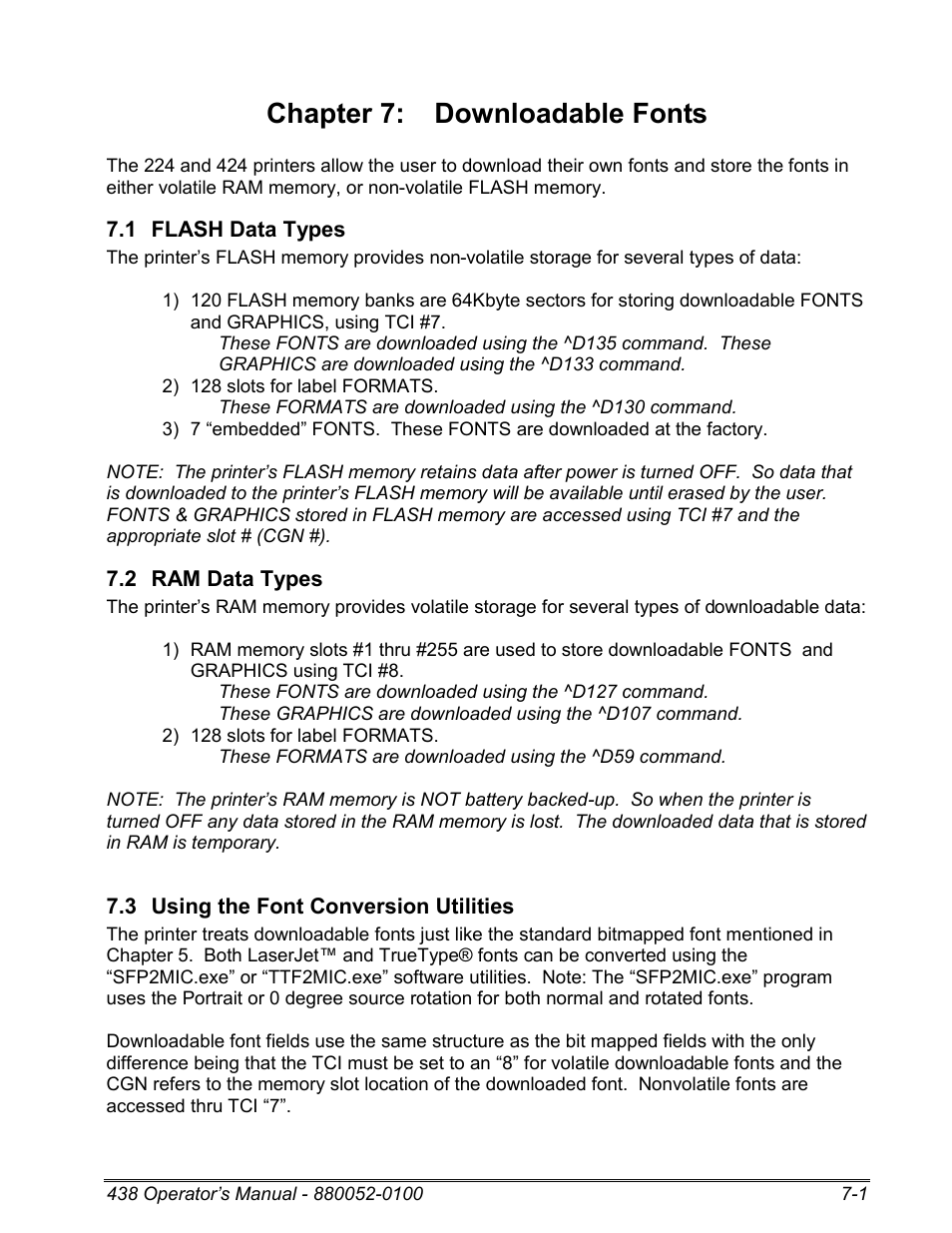 1 flash data types, 2 ram data types, 3 using the font conversion utilities | Chapter 7: downloadable fonts | Microcom 438 User Manual | Page 110 / 214