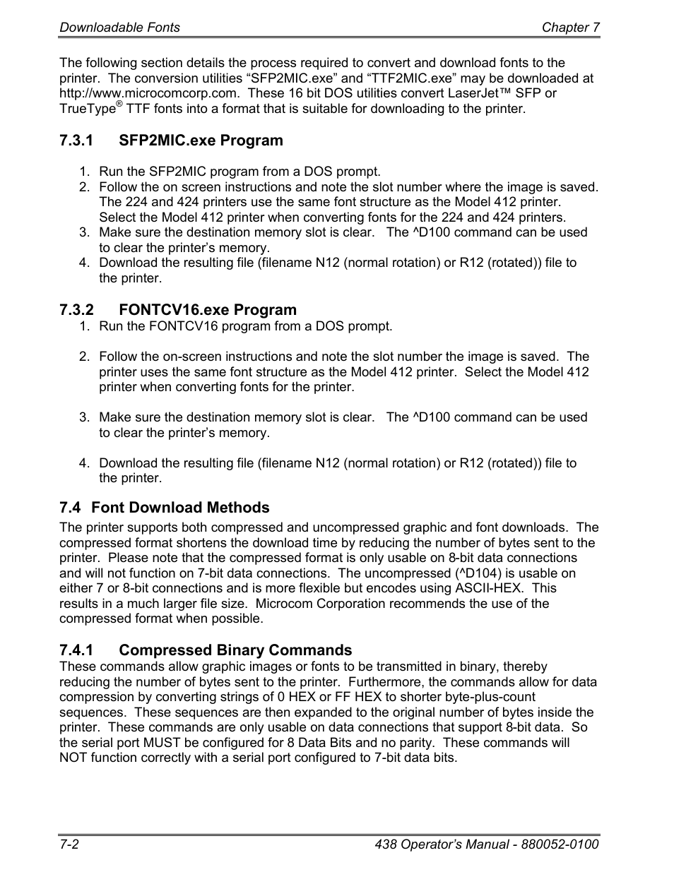 1 sfp2mic.exe program, 2 fontcv16.exe program, 4 font download methods | 1 compressed binary commands | Microcom 438 User Manual | Page 111 / 214
