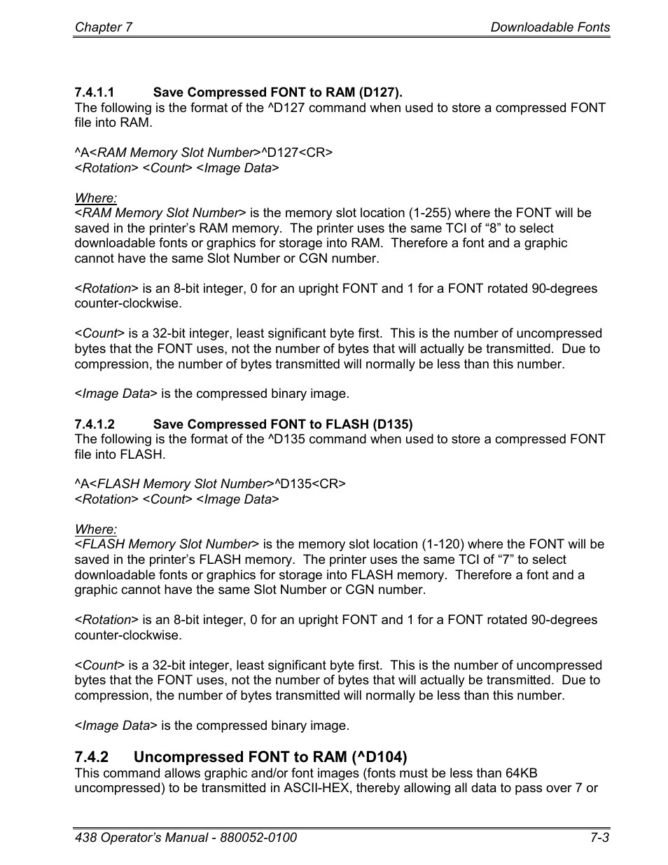 1 save compressed font to ram (d127), 2 save compressed font to flash (d135), 2 uncompressed font to ram (^d104) | Microcom 438 User Manual | Page 112 / 214