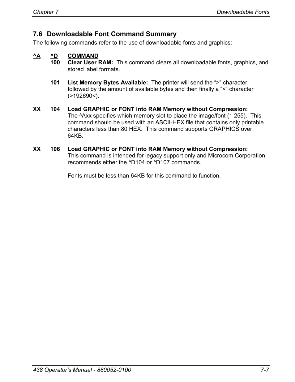 6 downloadable font command summary | Microcom 438 User Manual | Page 116 / 214