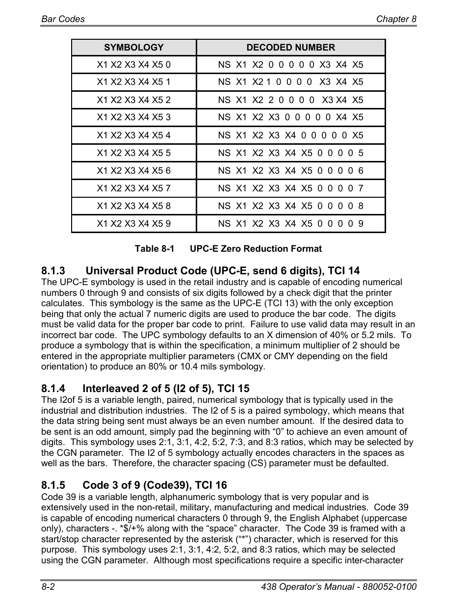 4 interleaved 2 of 5 (i2 of 5), tci 15, 5 code 3 of 9 (code39), tci 16 | Microcom 438 User Manual | Page 119 / 214