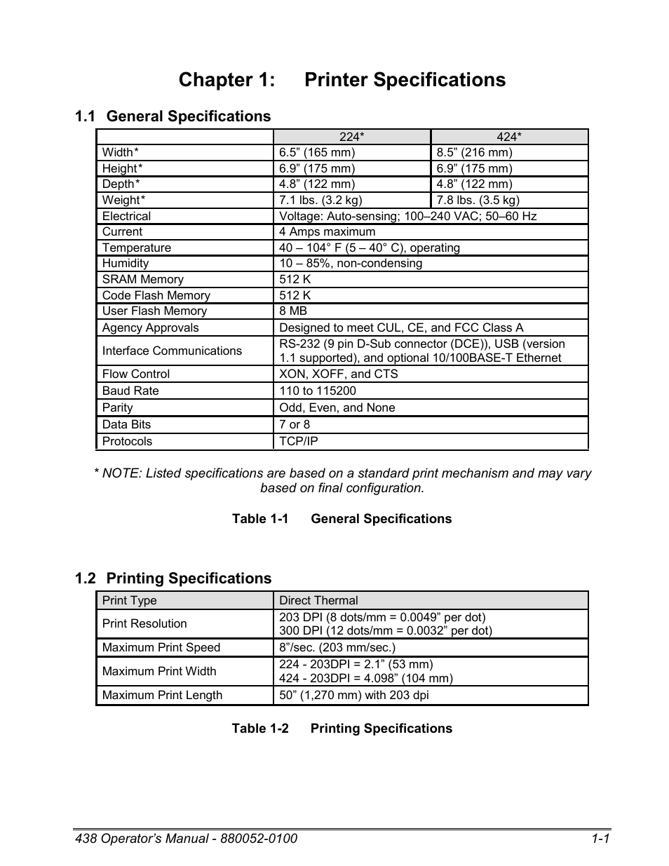 1 general specifications, 2 printing specifications, Chapter 1: printer specifications | Microcom 438 User Manual | Page 12 / 214