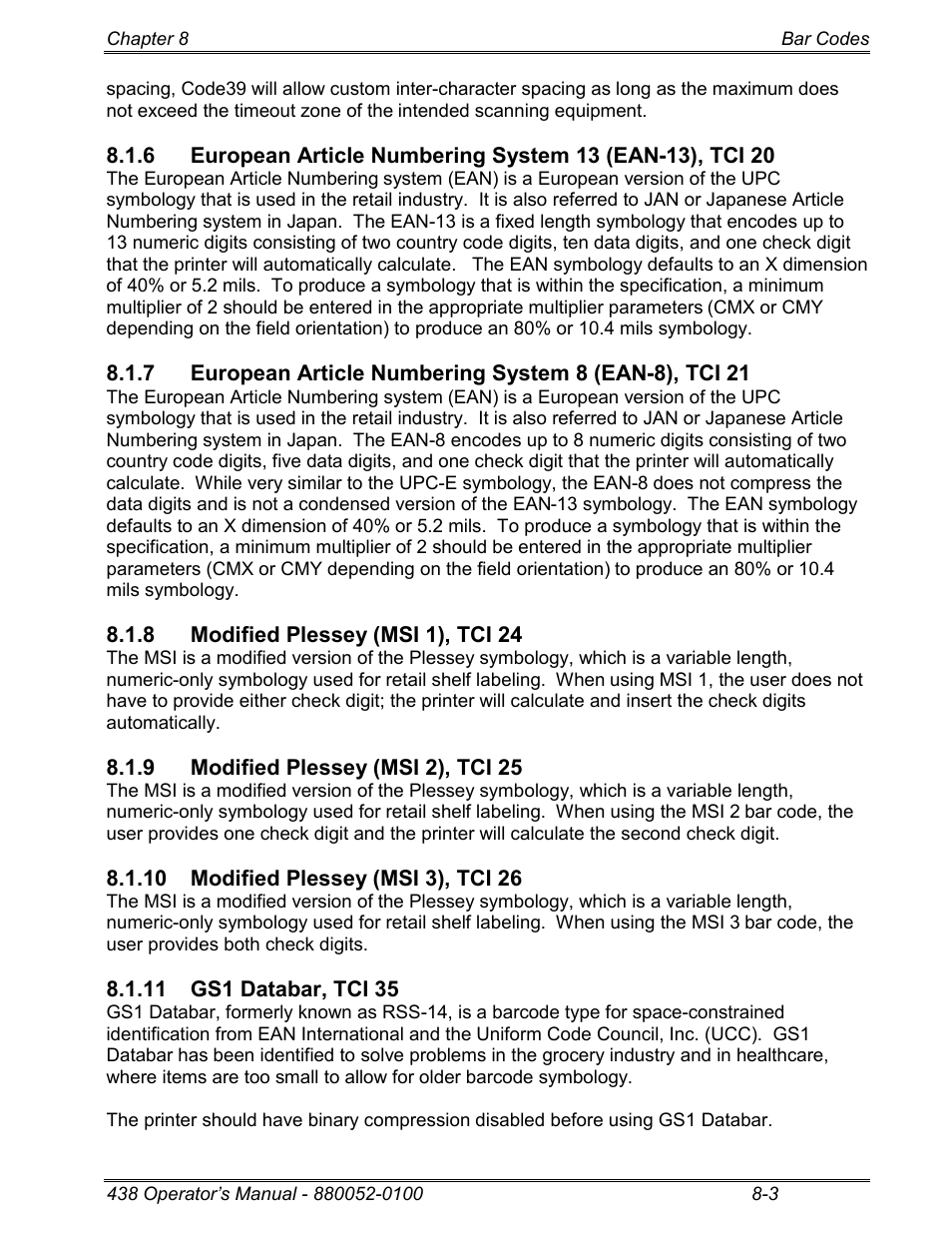 8 modified plessey (msi 1), tci 24, 9 modified plessey (msi 2), tci 25, 10 modified plessey (msi 3), tci 26 | 11 gs1 databar, tci 35 | Microcom 438 User Manual | Page 120 / 214