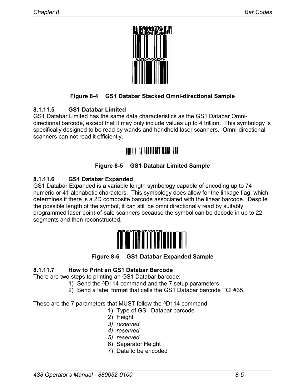 5 gs1 databar limited, 6 gs1 databar expanded, 7 how to print an gs1 databar barcode | Microcom 438 User Manual | Page 122 / 214