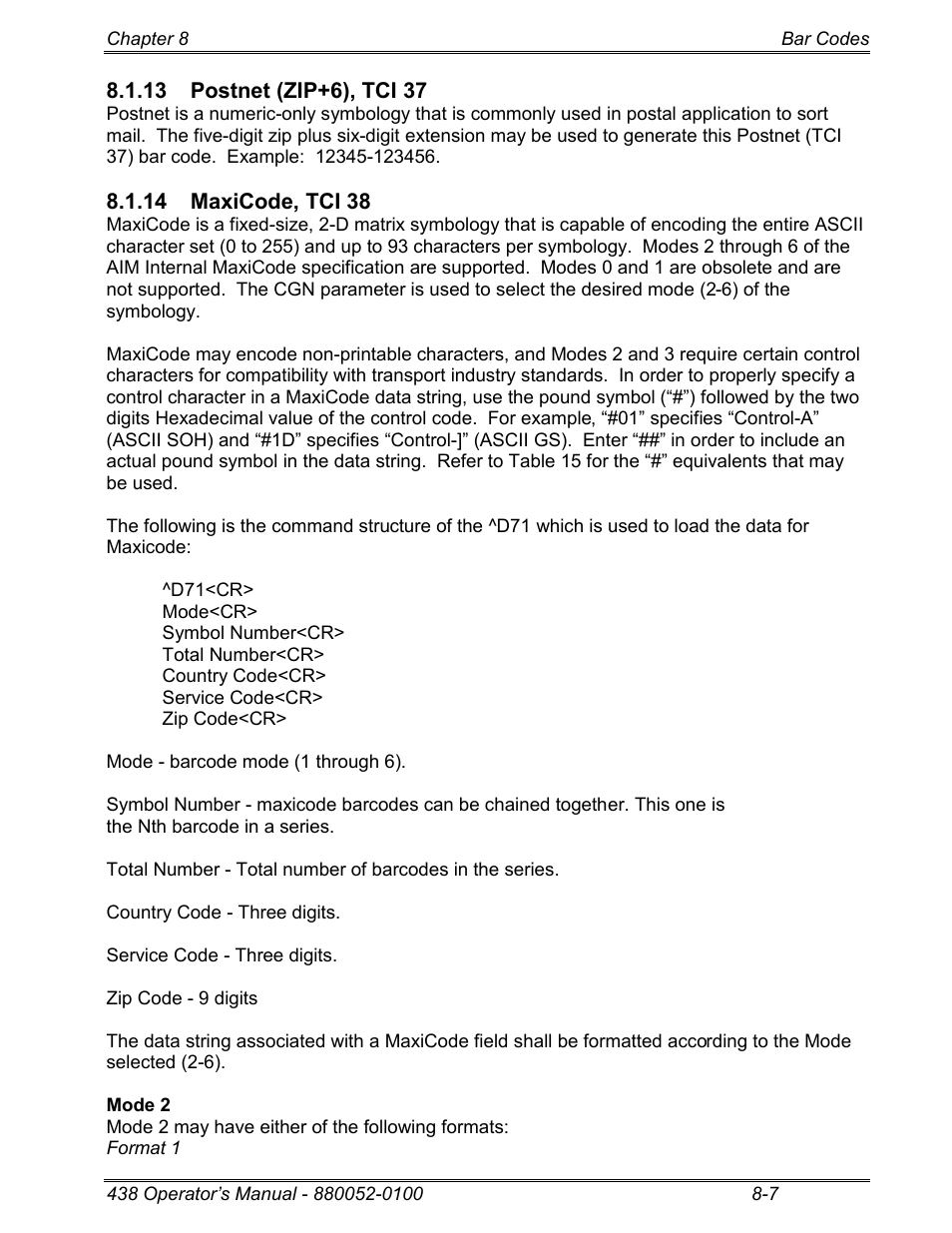 13 postnet (zip+6), tci 37, 14 maxicode, tci 38 | Microcom 438 User Manual | Page 124 / 214