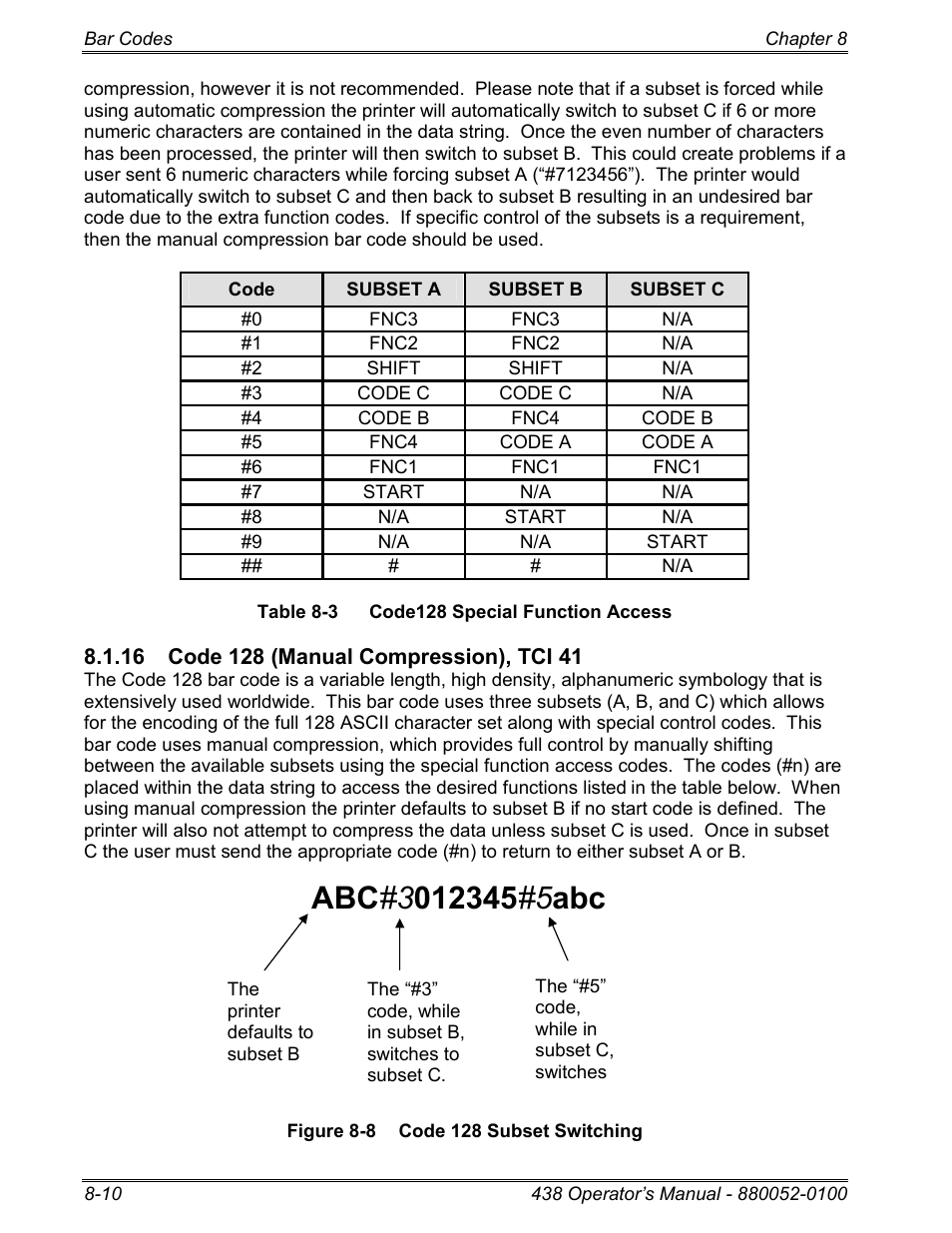 16 code 128 (manual compression), tci 41 | Microcom 438 User Manual | Page 127 / 214