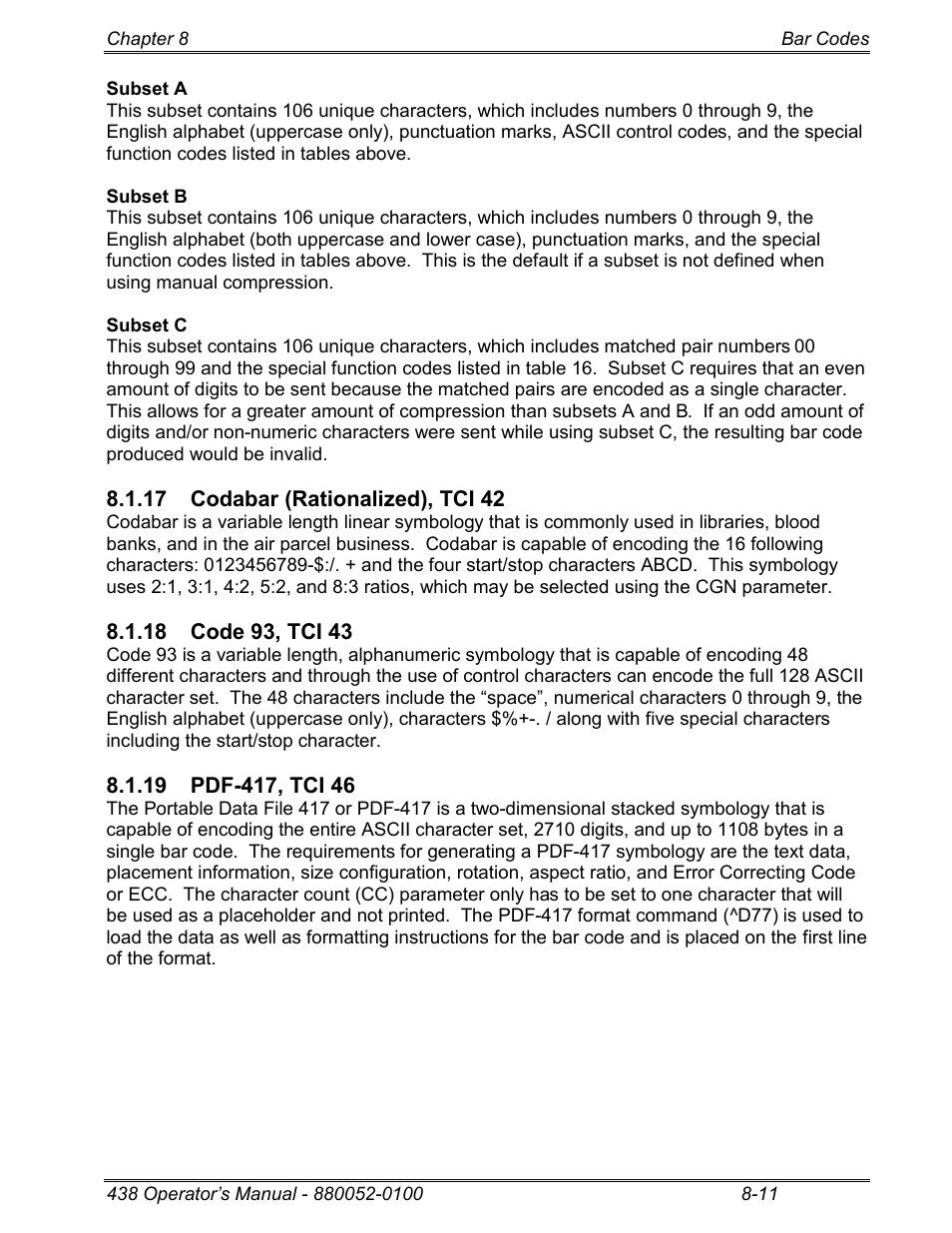 17 codabar (rationalized), tci 42, 18 code 93, tci 43, 19 pdf-417, tci 46 | Microcom 438 User Manual | Page 128 / 214