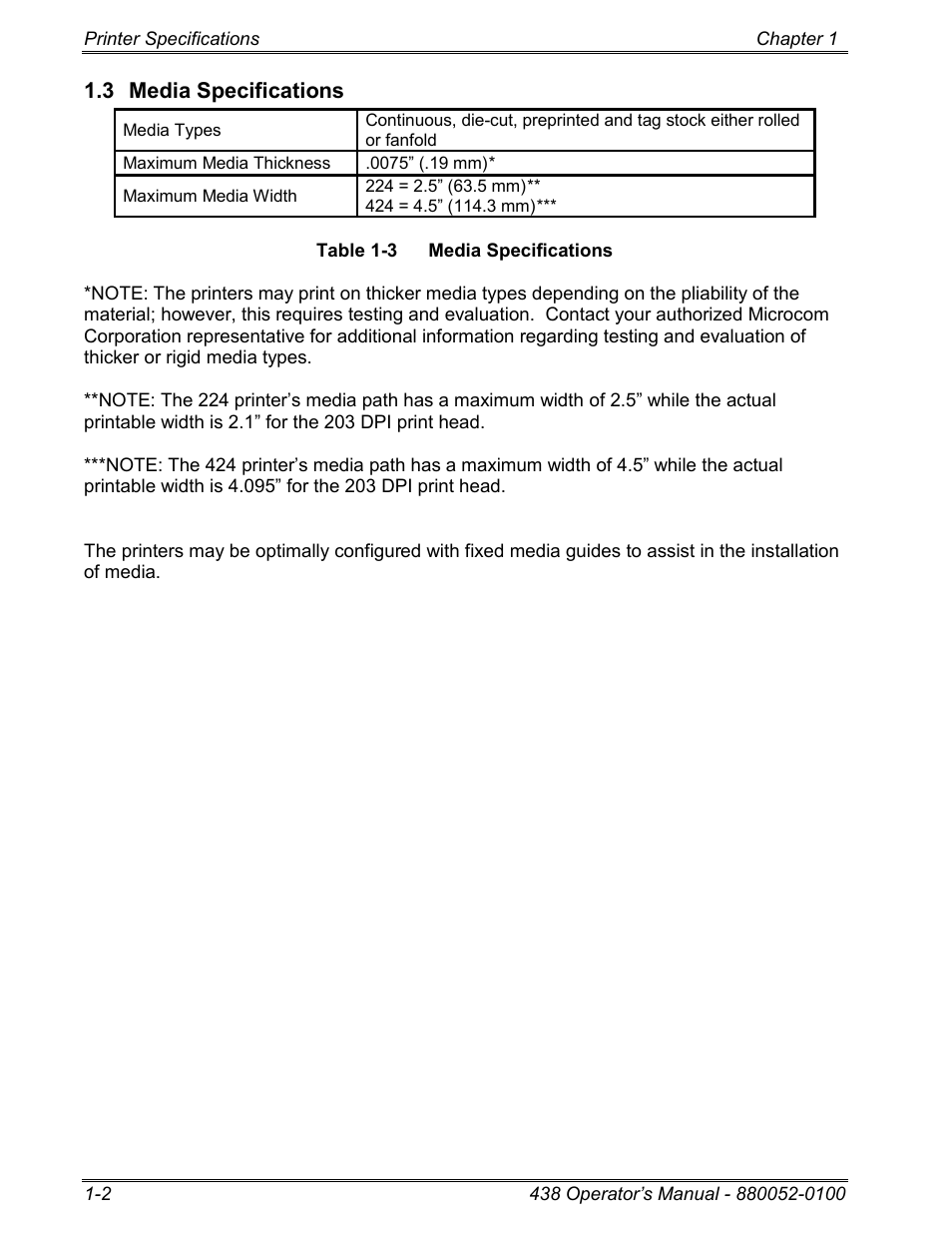 3 media specifications | Microcom 438 User Manual | Page 13 / 214