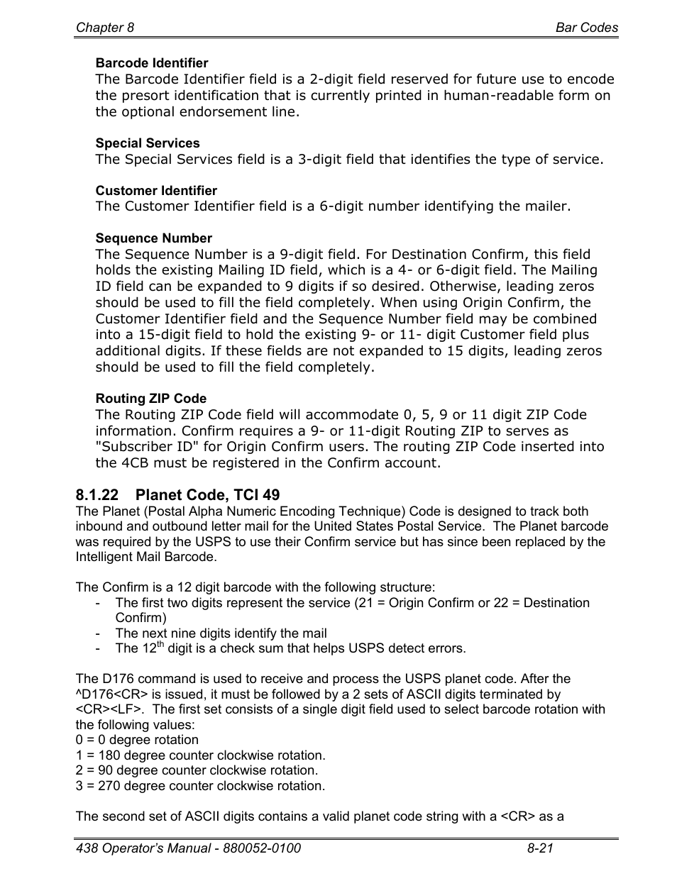22 planet code, tci 49 | Microcom 438 User Manual | Page 138 / 214