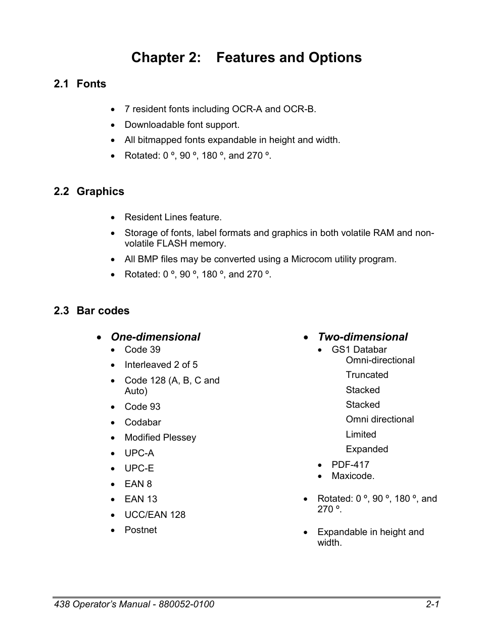 1 fonts, 2 graphics, 3 bar codes | Chapter 2: features and options | Microcom 438 User Manual | Page 14 / 214