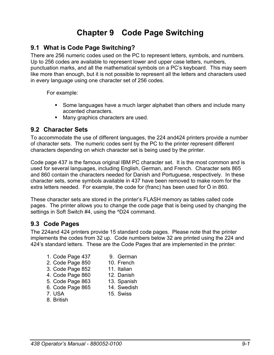 2 character sets, Chapter 9 code page switching | Microcom 438 User Manual | Page 148 / 214