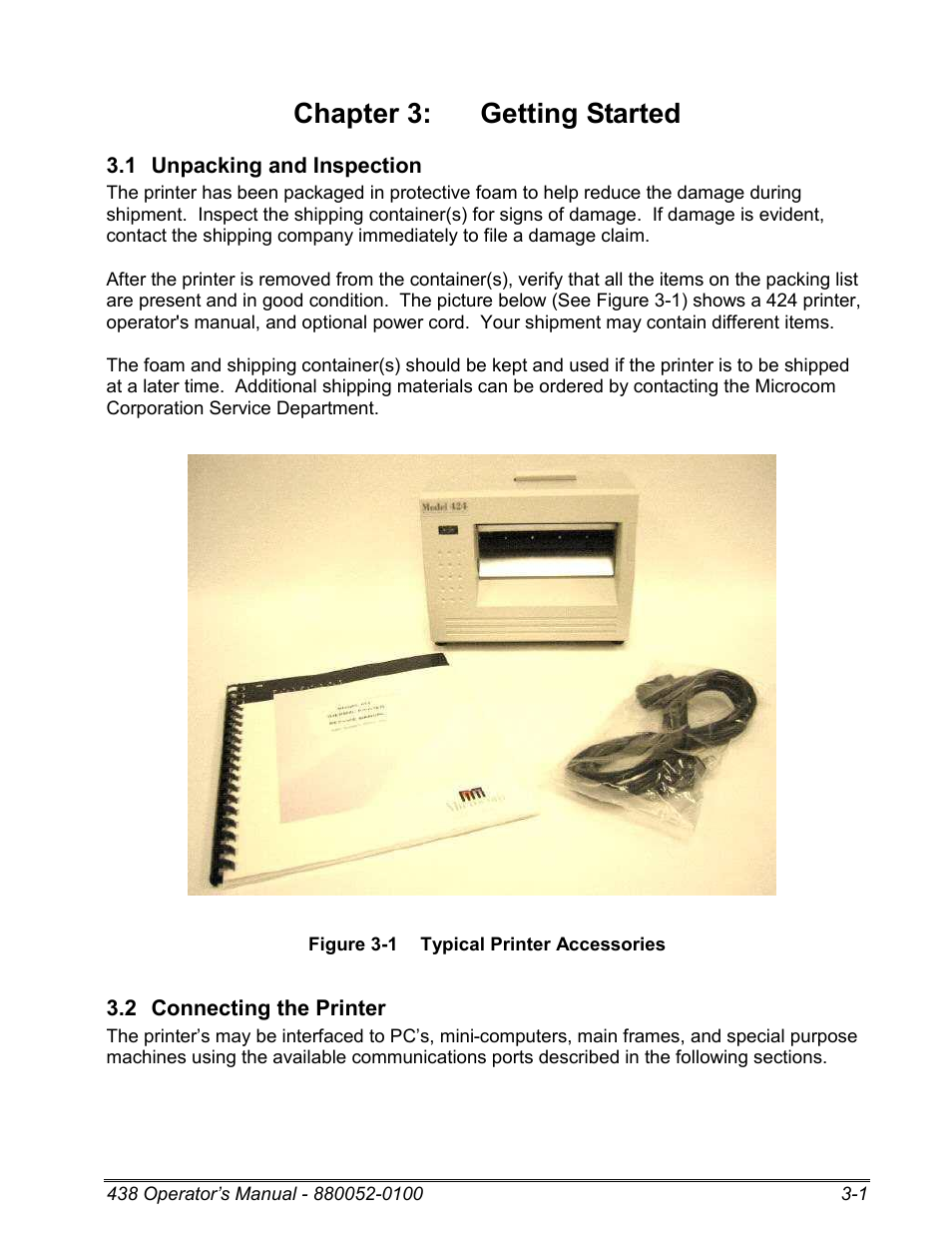 1 unpacking and inspection, 2 connecting the printer, Chapter 3: getting started | Microcom 438 User Manual | Page 16 / 214