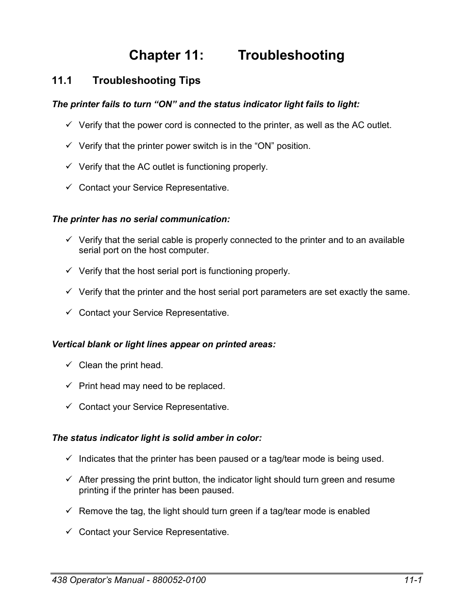 1 troubleshooting tips, Chapter 11: troubleshooting | Microcom 438 User Manual | Page 172 / 214