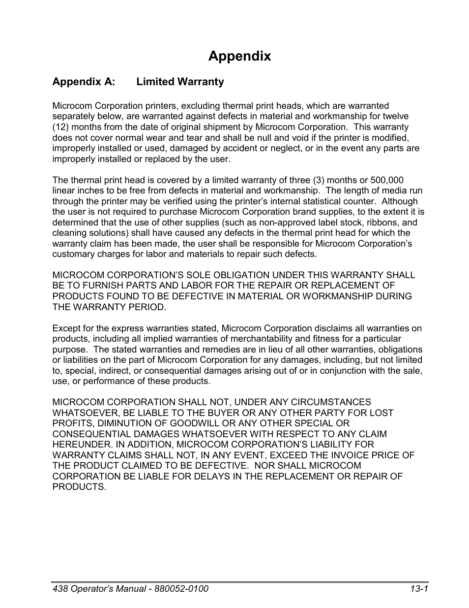 Appendix a: limited warranty, Appendix | Microcom 438 User Manual | Page 184 / 214