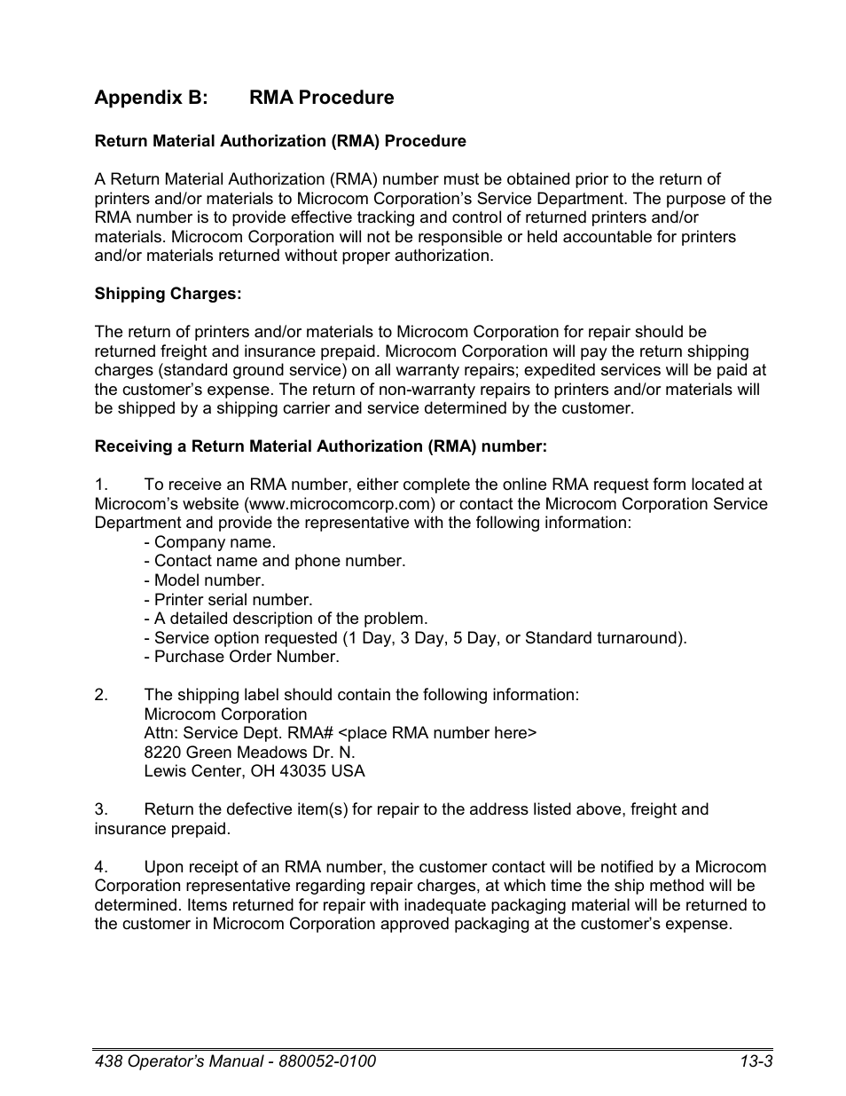 Appendix b: rma procedure | Microcom 438 User Manual | Page 186 / 214