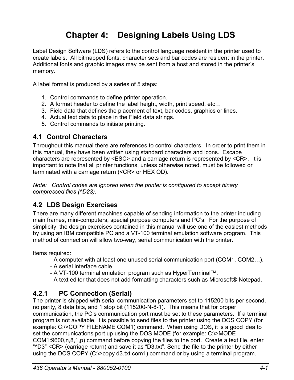 1 control characters, 2 lds design exercises, 1 pc connection (serial) | Chapter 4: designing labels using lds | Microcom 438 User Manual | Page 26 / 214