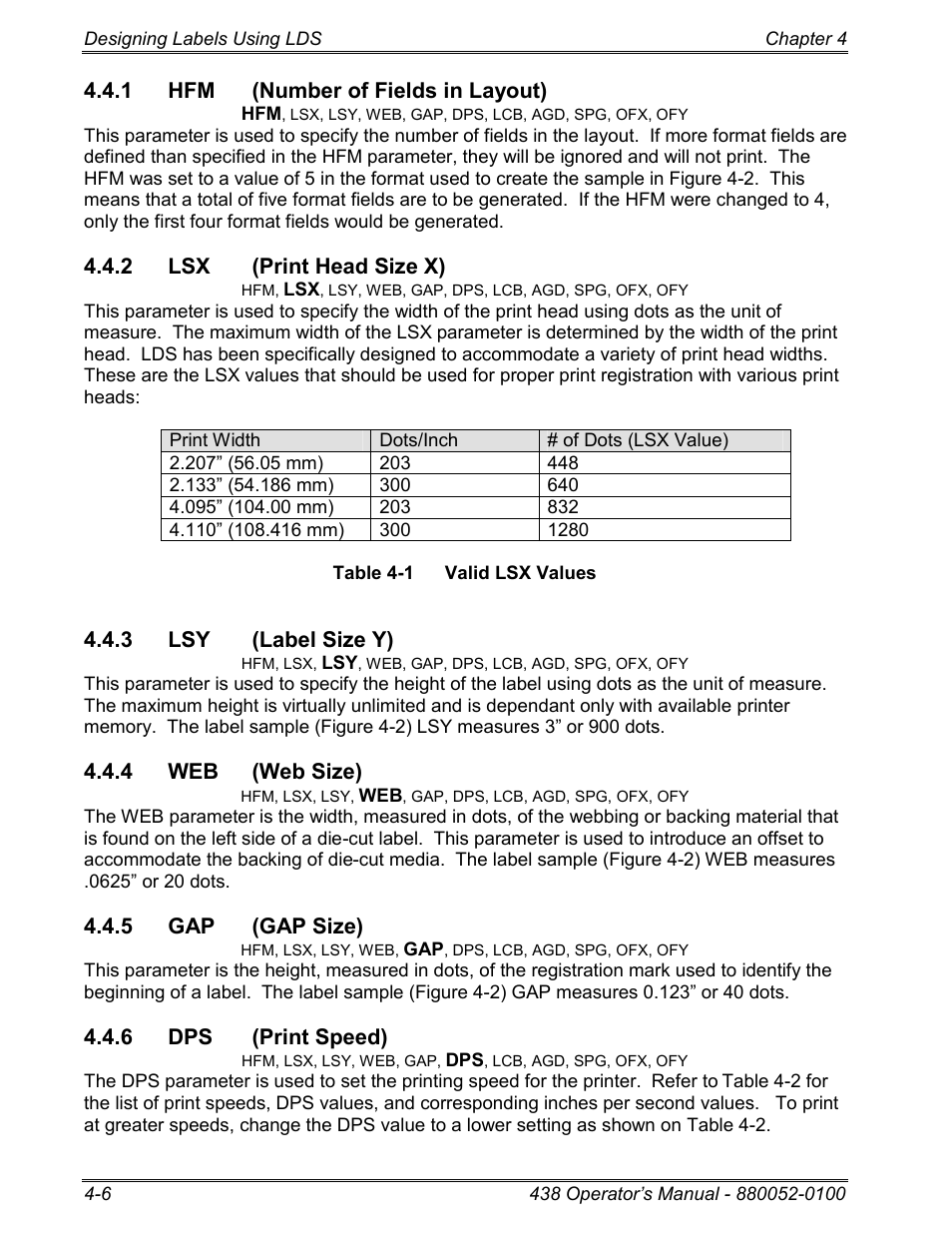 1 hfm (number of fields in layout), 2 lsx (print head size x), 3 lsy (label size y) | 4 web (web size), 5 gap (gap size), 6 dps (print speed) | Microcom 438 User Manual | Page 31 / 214