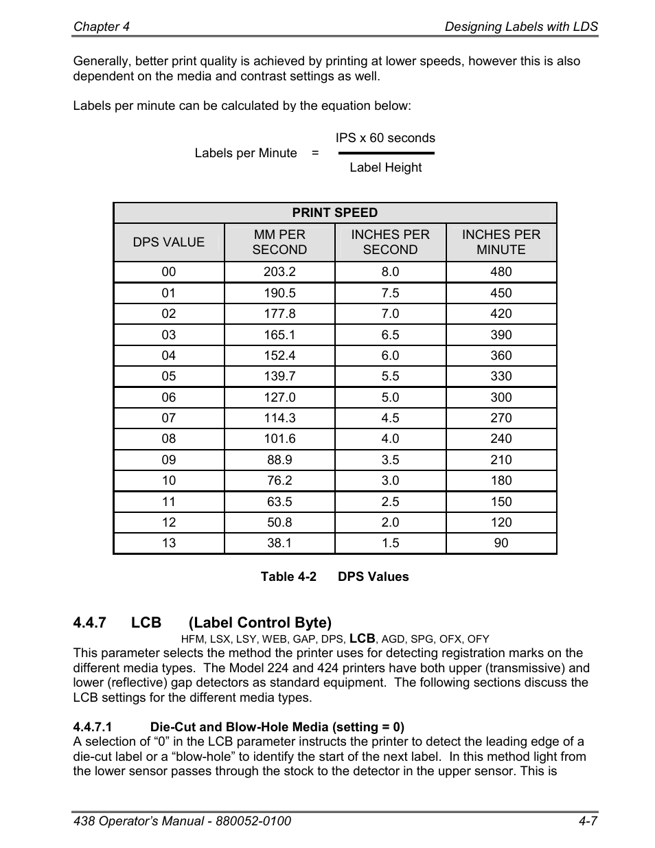 7 lcb (label control byte), 1 die-cut and blow-hole media (setting = 0), Table 4-2 f | N on table 4-2 | Microcom 438 User Manual | Page 32 / 214