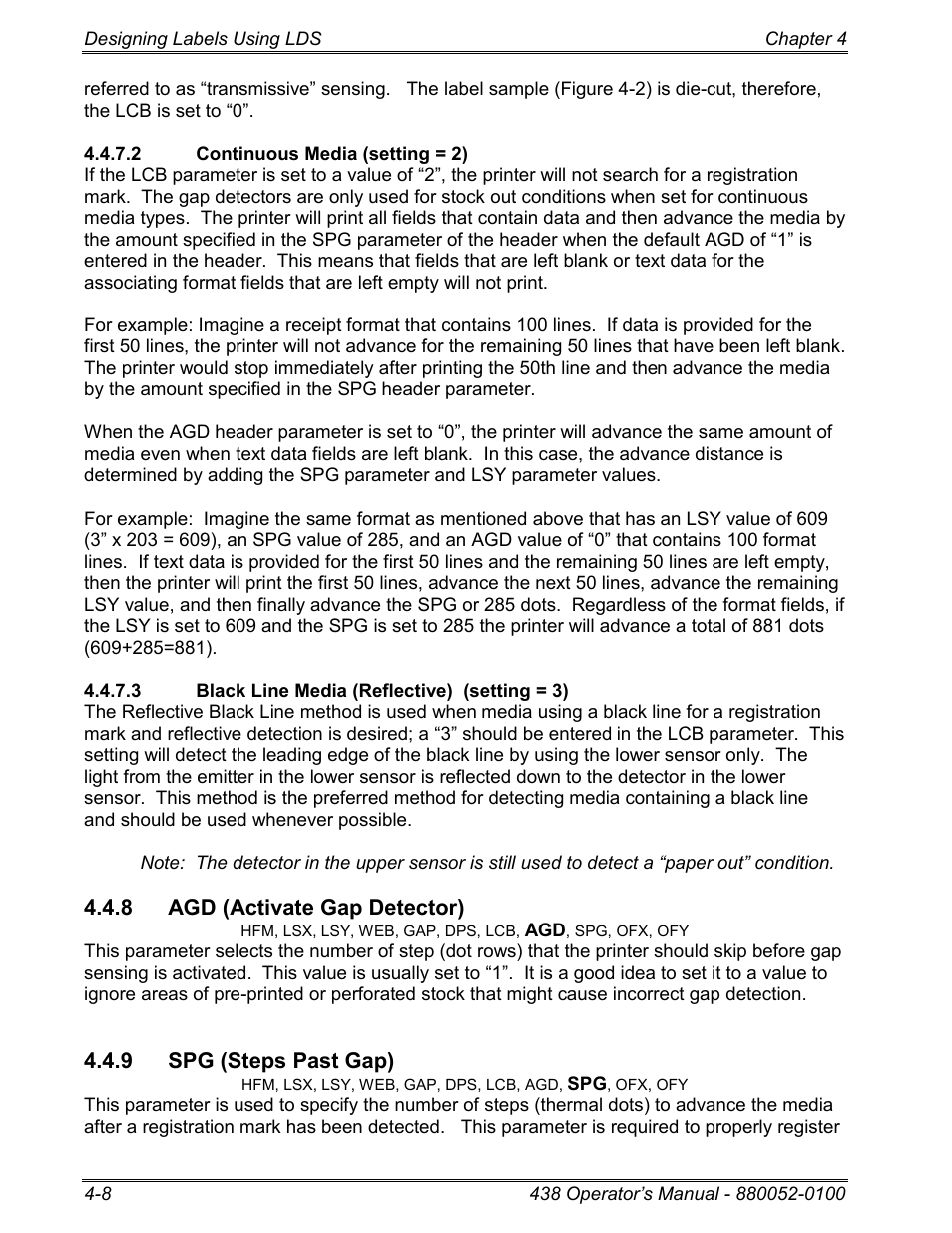 2 continuous media (setting = 2), 3 black line media (reflective) (setting = 3), 8 agd (activate gap detector) | 9 spg (steps past gap) | Microcom 438 User Manual | Page 33 / 214