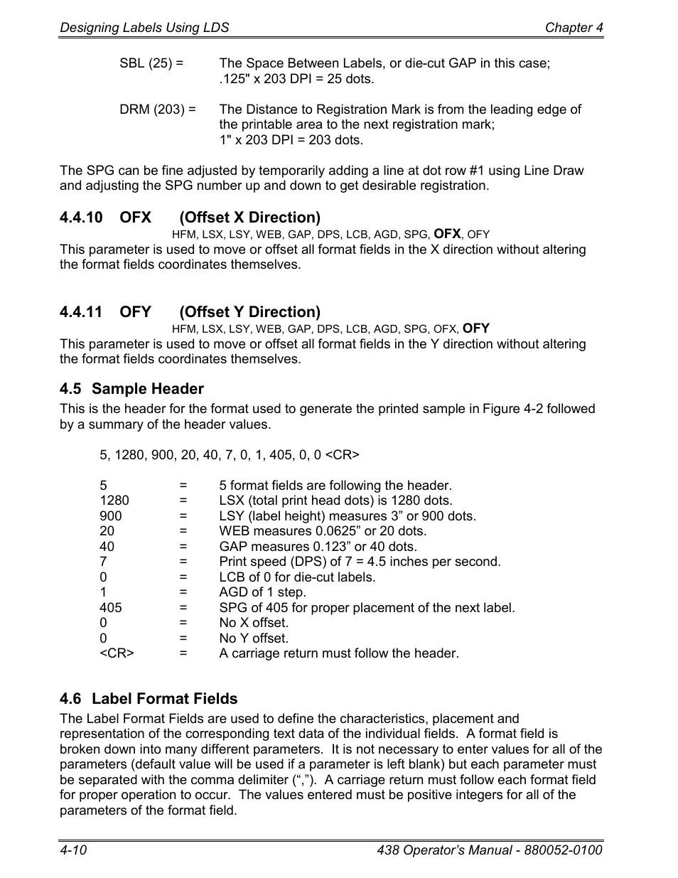 10 ofx (offset x direction), 11 ofy (offset y direction), 5 sample header | 6 label format fields | Microcom 438 User Manual | Page 35 / 214