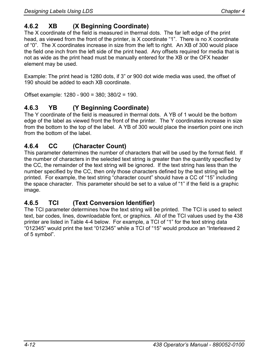 2 xb (x beginning coordinate), 3 yb (y beginning coordinate), 4 cc (character count) | 5 tci (text conversion identifier) | Microcom 438 User Manual | Page 37 / 214