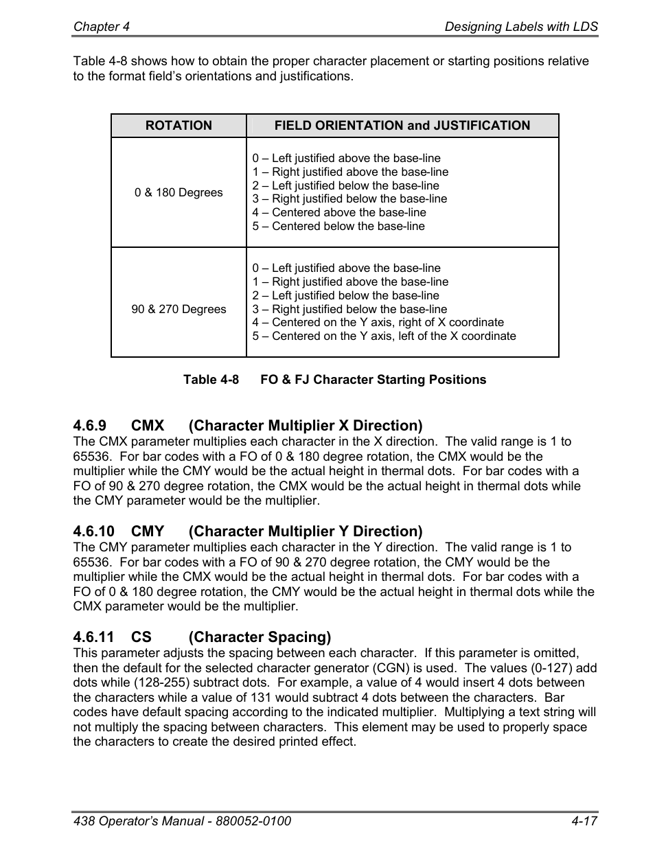 9 cmx (character multiplier x direction), 10 cmy (character multiplier y direction), 11 cs (character spacing) | Microcom 438 User Manual | Page 42 / 214