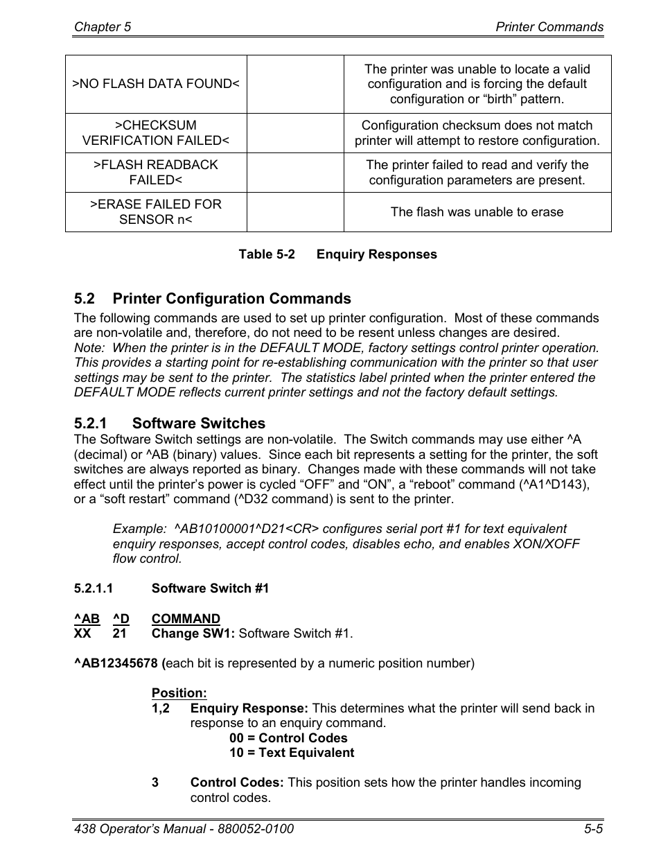 2 printer configuration commands, 1 software switches, 1 software switch #1 | Microcom 438 User Manual | Page 52 / 214