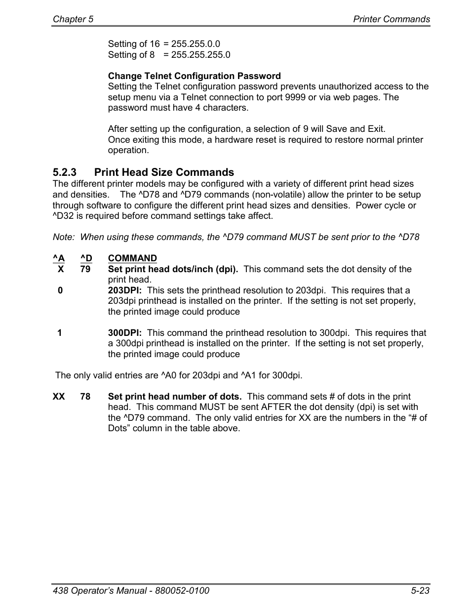 3 print head size commands | Microcom 438 User Manual | Page 70 / 214