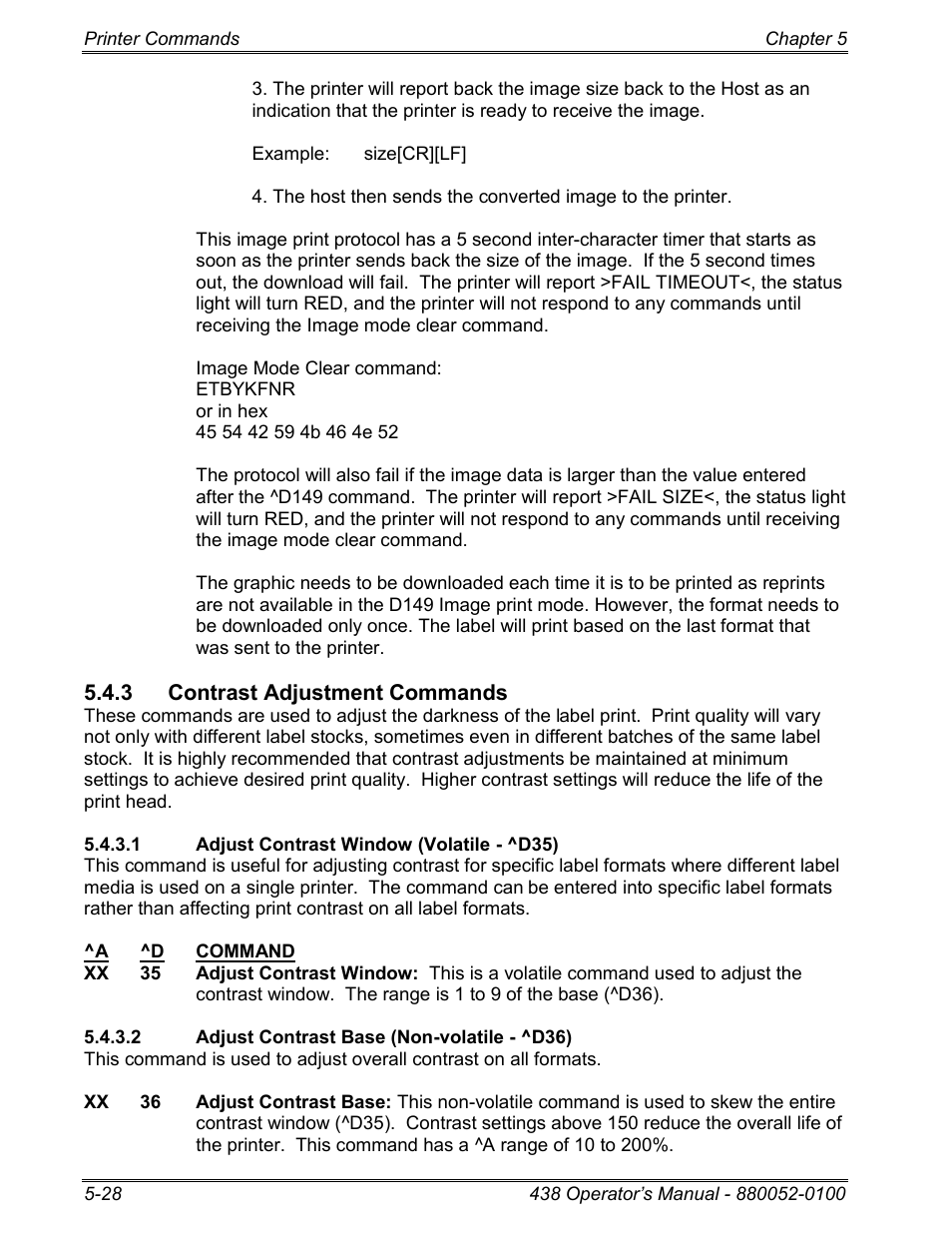 3 contrast adjustment commands, 1 adjust contrast window (volatile - ^d35), 2 adjust contrast base (non-volatile - ^d36) | Microcom 438 User Manual | Page 75 / 214