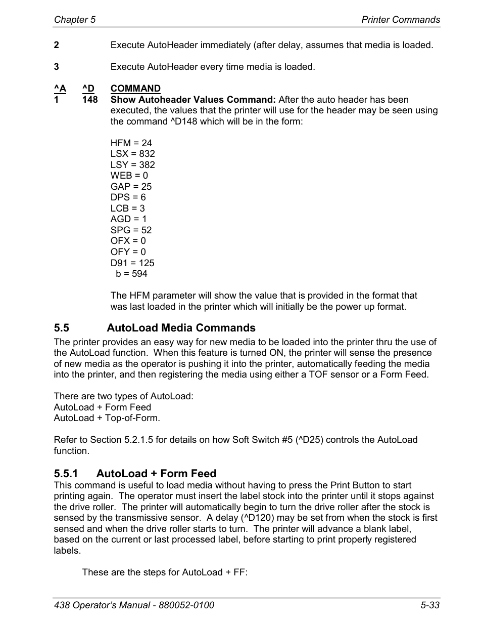 5 autoload media commands, 1 autoload + form feed | Microcom 438 User Manual | Page 80 / 214