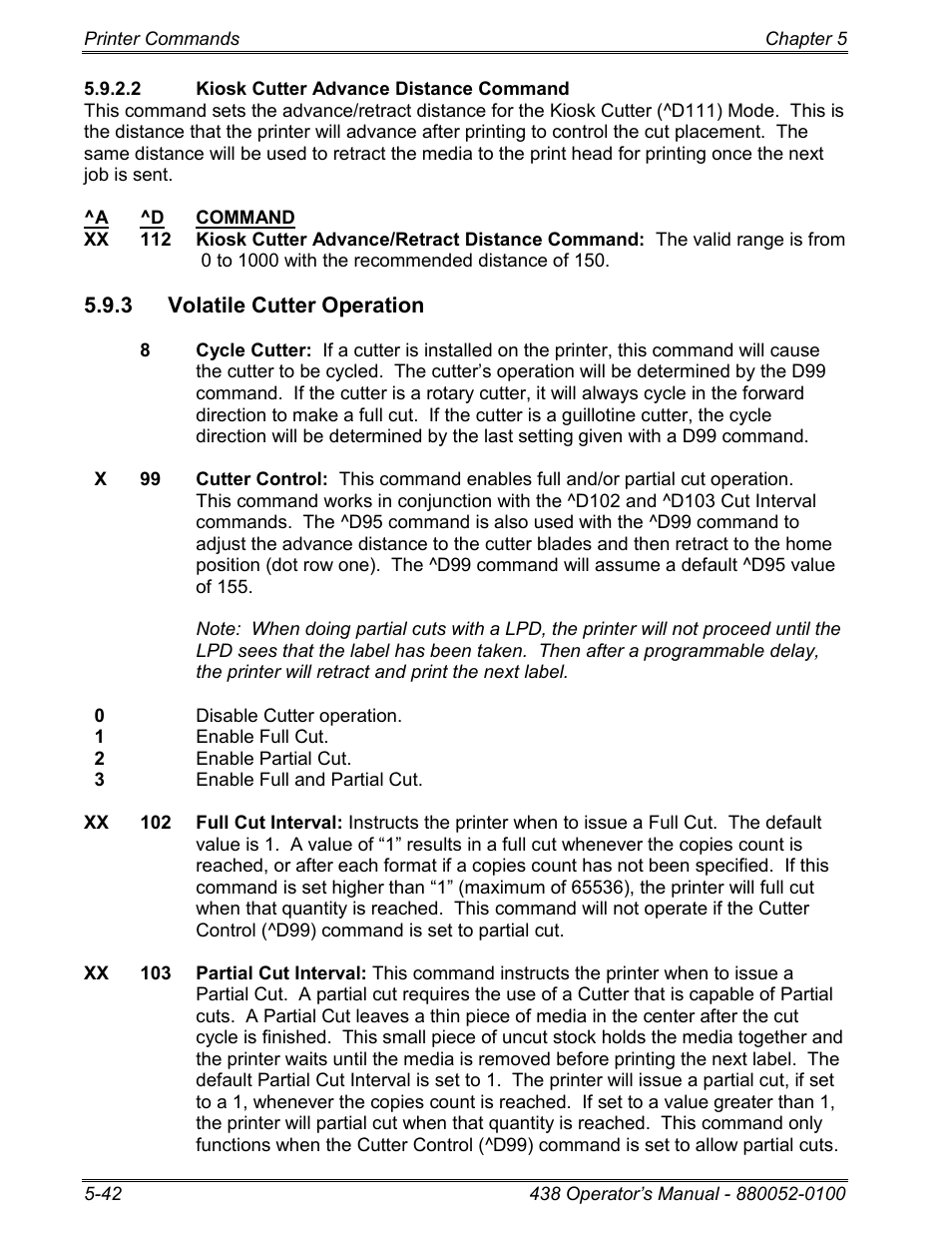 2 kiosk cutter advance distance command, 3 volatile cutter operation | Microcom 438 User Manual | Page 89 / 214