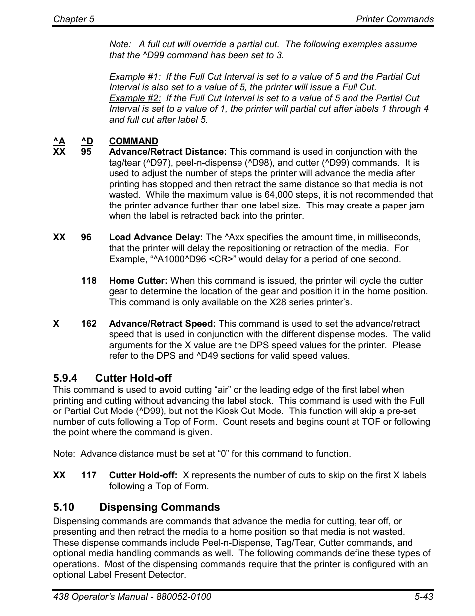 4 cutter hold-off, 10 dispensing commands | Microcom 438 User Manual | Page 90 / 214