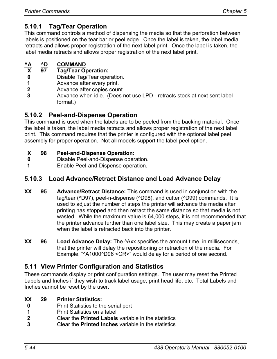 1 tag/tear operation, 2 peel-and-dispense operation, 11 view printer configuration and statistics | Microcom 438 User Manual | Page 91 / 214